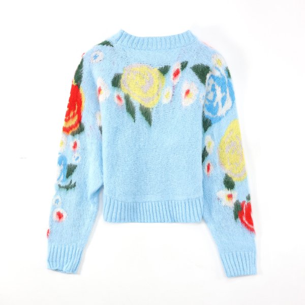 画像4: Women's V-neck flower motif knitted short cardigan sweater Knit　フラワーモチーフ編み込みショート丈長袖Vネックカーディガンセーターニット (4)