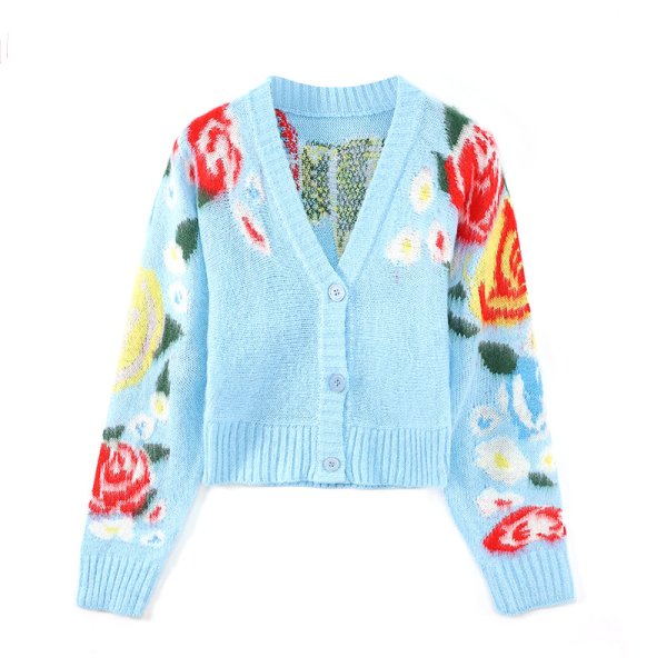 画像3: Women's V-neck flower motif knitted short cardigan sweater Knit　フラワーモチーフ編み込みショート丈長袖Vネックカーディガンセーターニット (3)