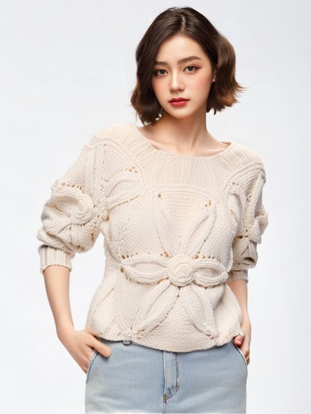 画像3: Women's Off-white hook pattern hollow loose raglan sleeve square neck sweater Knit　オフホワイトフックフラワーモチーフパターンラグランスリーブセーターニット (3)