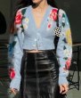 画像1: Women's V-neck flower motif knitted short cardigan sweater Knit　フラワーモチーフ編み込みショート丈長袖Vネックカーディガンセーターニット (1)