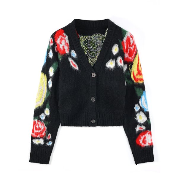 画像2: Women's V-neck flower motif knitted short cardigan sweater Knit　フラワーモチーフ編み込みショート丈長袖Vネックカーディガンセーターニット (2)
