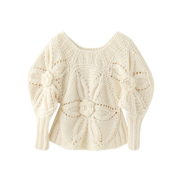 画像7: Women's Off-white hook pattern hollow loose raglan sleeve square neck sweater Knit　オフホワイトフックフラワーモチーフパターンラグランスリーブセーターニット (7)