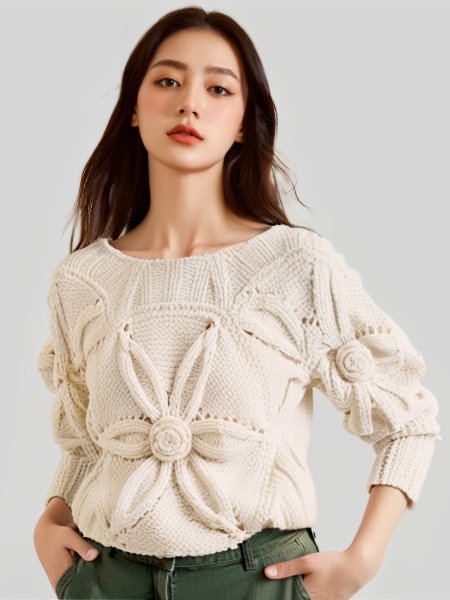 画像2: Women's Off-white hook pattern hollow loose raglan sleeve square neck sweater Knit　オフホワイトフックフラワーモチーフパターンラグランスリーブセーターニット (2)