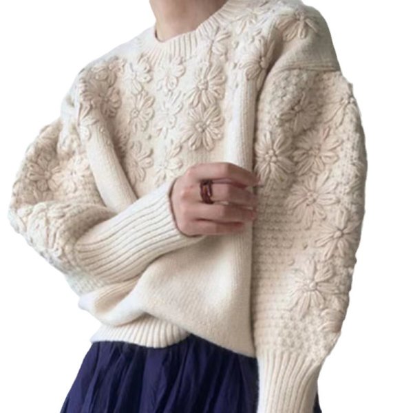 画像1: Women'sRound neck daisy 3D embroidery rattan sleeve pullover knit sweater 　ラウンドネックデイジー３D 刺繍ラタンスリーブプルオーバーニットセーター (1)