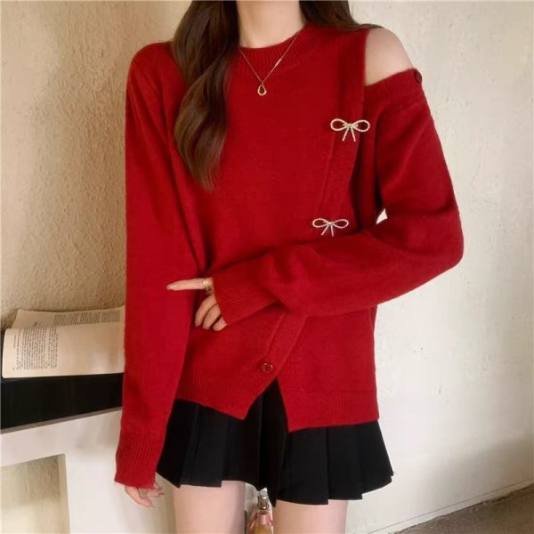 画像4: Women's Ribbon Decorated Button Round Neck Off Shoulder Sweater knit　リボン付きボタンラウンドネックオフショルダーセーターニット (4)