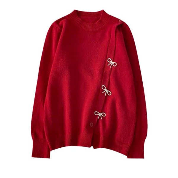 画像2: Women's Ribbon Decorated Button Round Neck Off Shoulder Sweater knit　リボン付きボタンラウンドネックオフショルダーセーターニット (2)