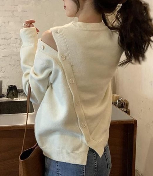 画像5: Women's Ribbon Decorated Button Round Neck Off Shoulder Sweater knit　リボン付きボタンラウンドネックオフショルダーセーターニット (5)