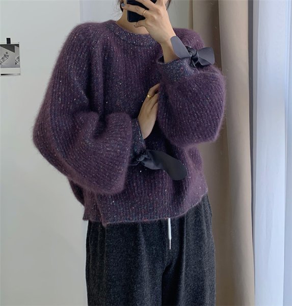 画像3: Women's  Mohair knit sweater with round collar and ribbon sleeves knit　モヘヤ ニット ラウンドカラー リボン付き袖セーターニット (3)