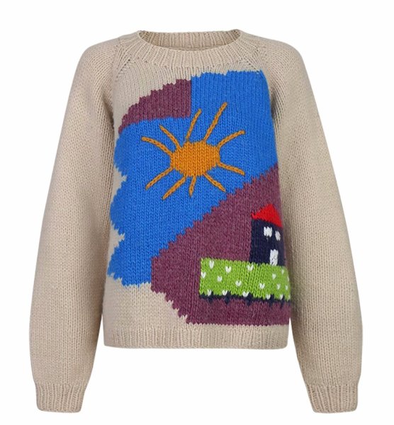 画像1: Women's Landscape Embroidery Handmade Round Neck Sweater knit　ランドケープ刺繍ハンドメイドラウンドネックセーターニット (1)