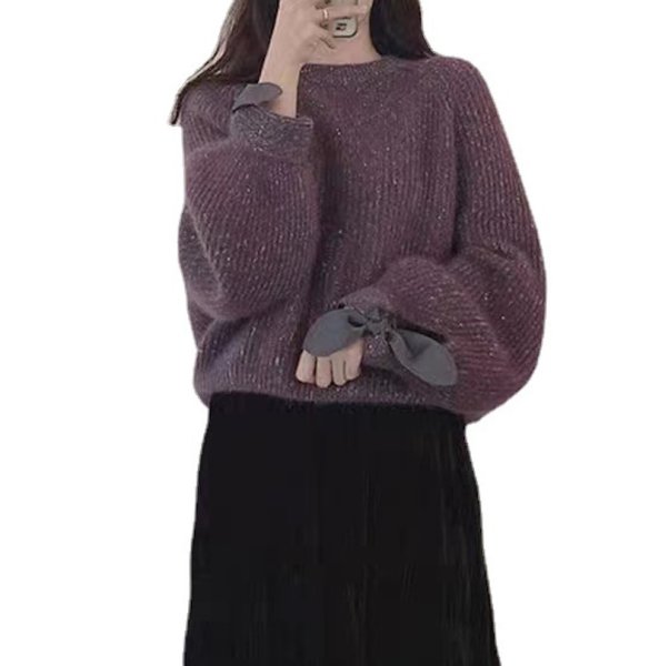 画像5: Women's  Mohair knit sweater with round collar and ribbon sleeves knit　モヘヤ ニット ラウンドカラー リボン付き袖セーターニット (5)