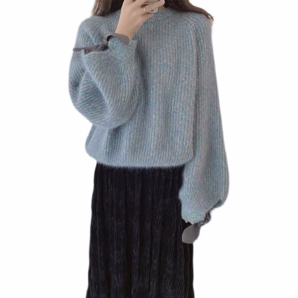 画像2: Women's  Mohair knit sweater with round collar and ribbon sleeves knit　モヘヤ ニット ラウンドカラー リボン付き袖セーターニット (2)