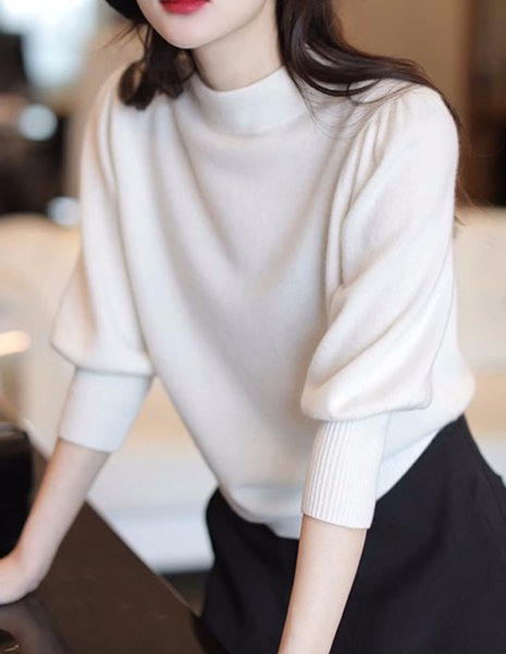 画像1: Women's Balloon sleeve 3/4 sleeve high neck sweater  knit　七部バルーン袖ハイネックセーターニット (1)