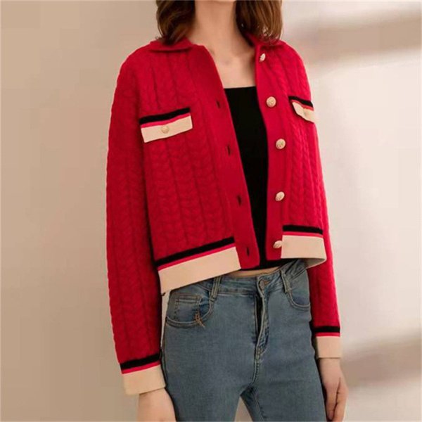 画像4: Women's French style twist contrast color lapel short knit cardigan sweater  knit　フレンチスタイルツイストコントラストカラーラペルショートニットカーディガンセーターニット (4)