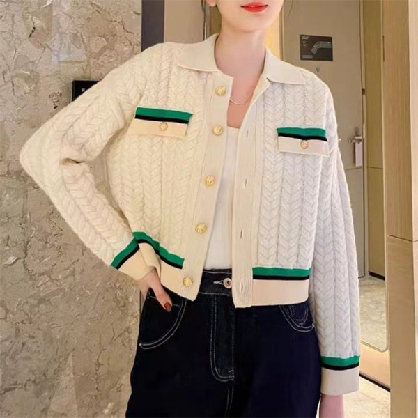 画像7: Women's French style twist contrast color lapel short knit cardigan sweater  knit　フレンチスタイルツイストコントラストカラーラペルショートニットカーディガンセーターニット (7)