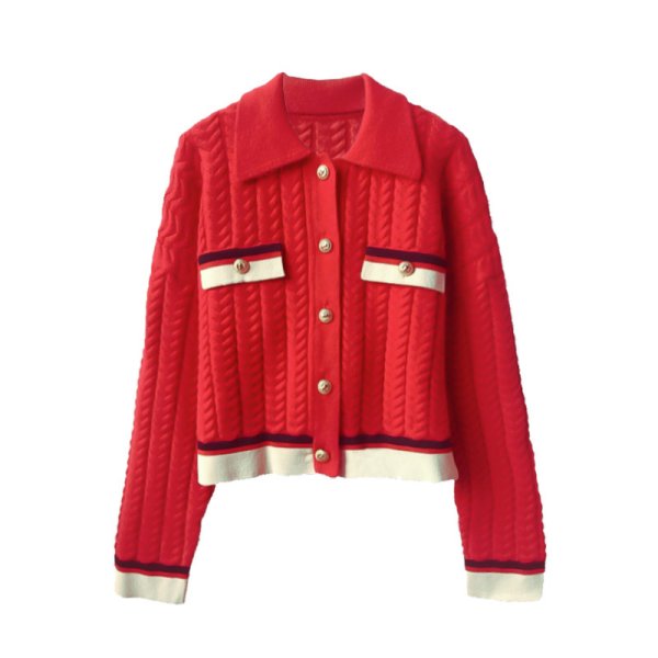 画像2: Women's French style twist contrast color lapel short knit cardigan sweater  knit　フレンチスタイルツイストコントラストカラーラペルショートニットカーディガンセーターニット (2)