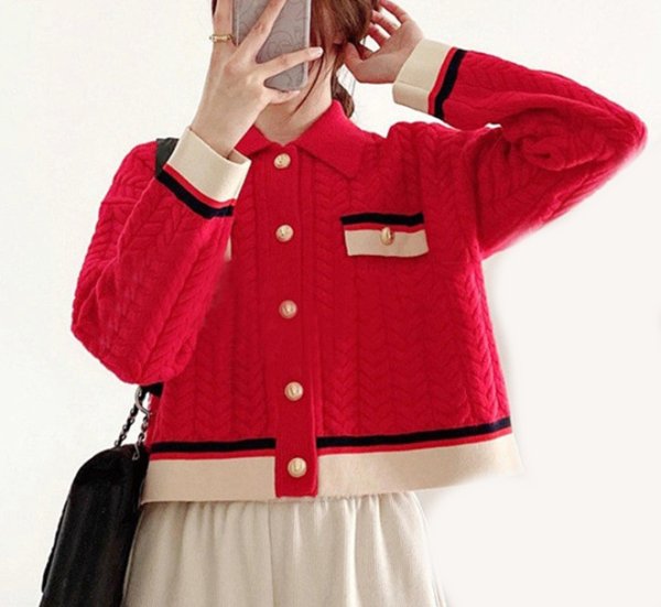 画像6: Women's French style twist contrast color lapel short knit cardigan sweater  knit　フレンチスタイルツイストコントラストカラーラペルショートニットカーディガンセーターニット (6)