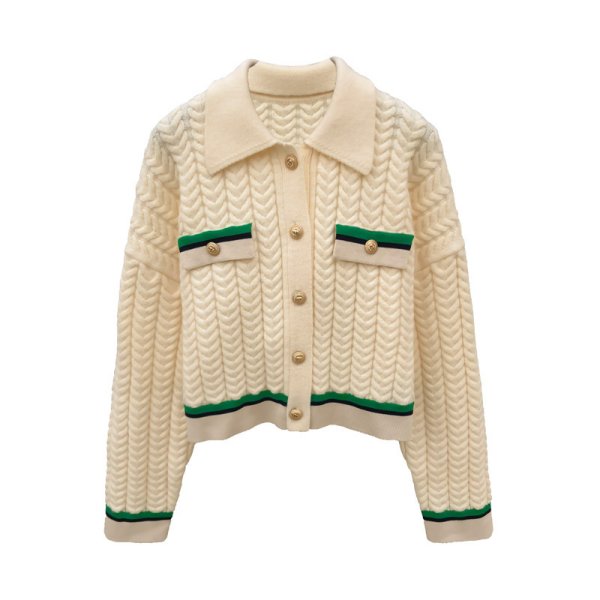 画像1: Women's French style twist contrast color lapel short knit cardigan sweater  knit　フレンチスタイルツイストコントラストカラーラペルショートニットカーディガンセーターニット (1)