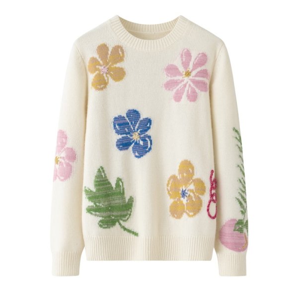 画像1: Women's Round neck floral jacquard sweater knit　ラウンドネックフラワージャカード編み込みセーターニット (1)