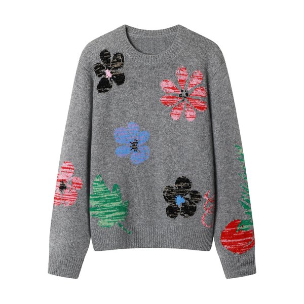 画像2: Women's Round neck floral jacquard sweater knit　ラウンドネックフラワージャカード編み込みセーターニット (2)