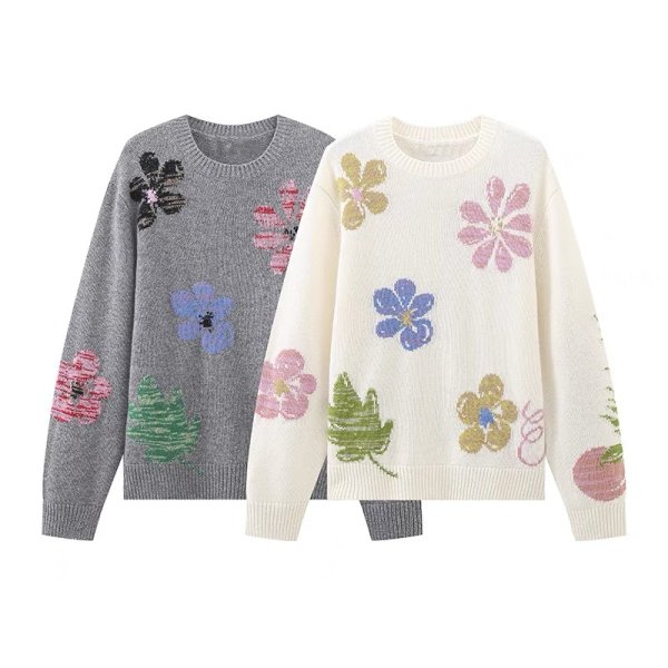 画像3: Women's Round neck floral jacquard sweater knit　ラウンドネックフラワージャカード編み込みセーターニット (3)