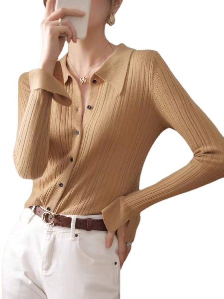 画像1: Women's slim long sleeve Polo collar cardigan sweater  knit　ポロカラースリムフィットニットカーディガンセーターニット (1)