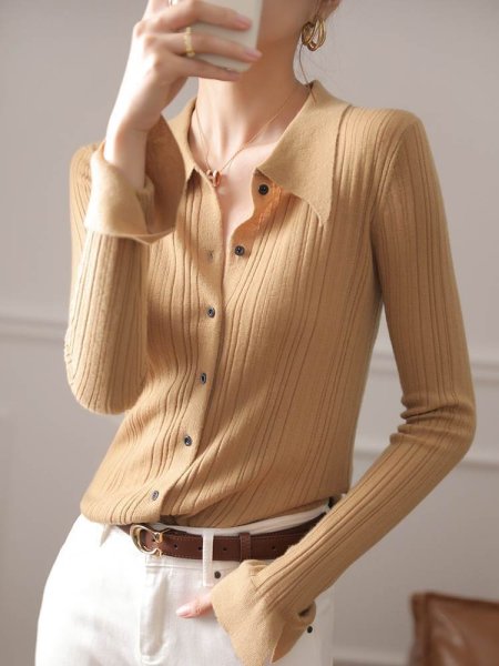 画像6: Women's slim long sleeve Polo collar cardigan sweater  knit　ポロカラースリムフィットニットカーディガンセーターニット (6)