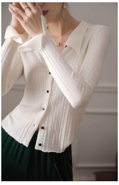 画像4: Women's slim long sleeve Polo collar cardigan sweater  knit　ポロカラースリムフィットニットカーディガンセーターニット (4)
