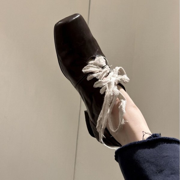 画像6: Retro square toe lace-up leather pumps shoes 　レトロスクエアトゥスレースアップレザーパンプスシューズ (6)