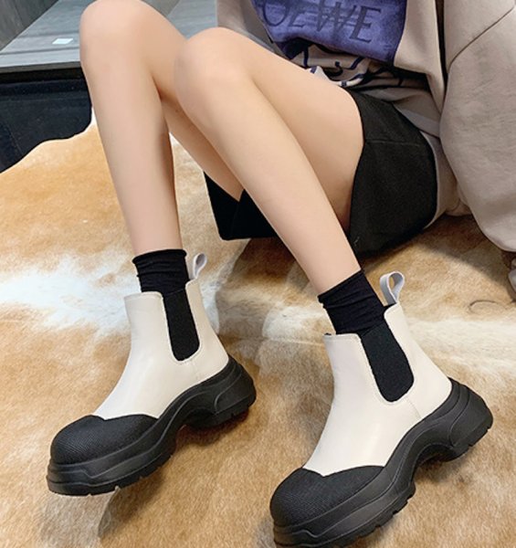画像2: Side gore chunky sole short boots　レザーサイドゴアチャンキーソール ショートブーツシューズ (2)