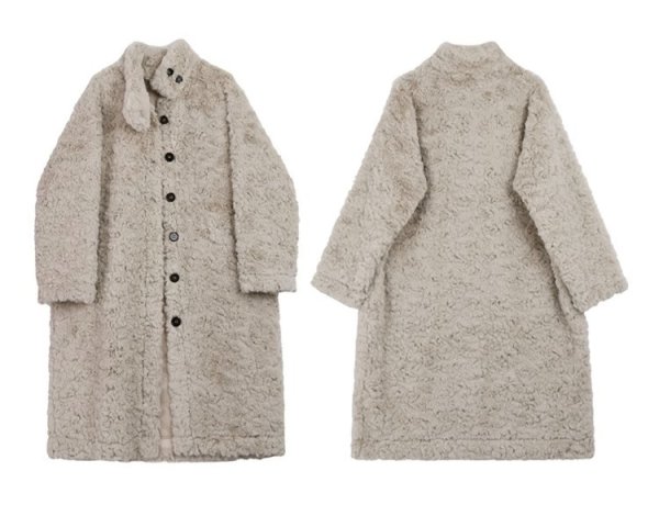 画像2: Women's Hooded long soft coat jacket　スタンドカラーミッドレングスラムファーロングコート  (2)