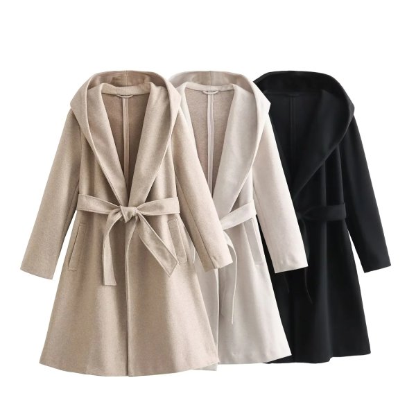 画像4: Women's Hooded long soft coat jacket　フード付きロングソフトコートジャケットベルト付きロングコート  (4)