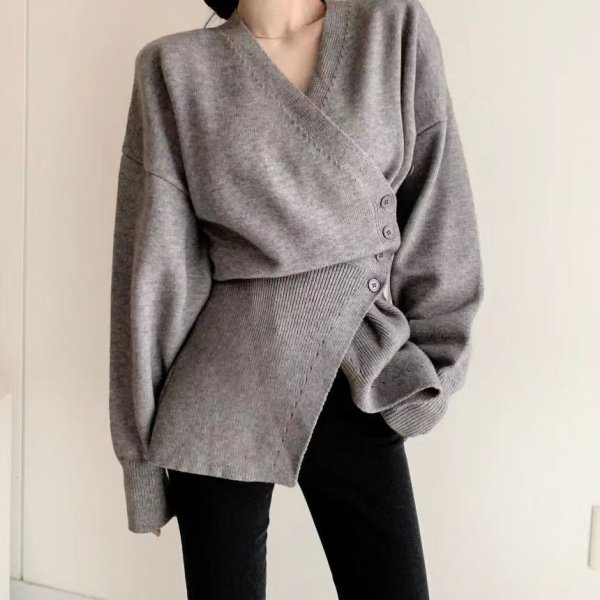 画像3: Women's V neck irregular long sleeve sweater slim bottom sweater cardigan　Vネック イレギュラー 長袖カーディガンセータージャケット (3)