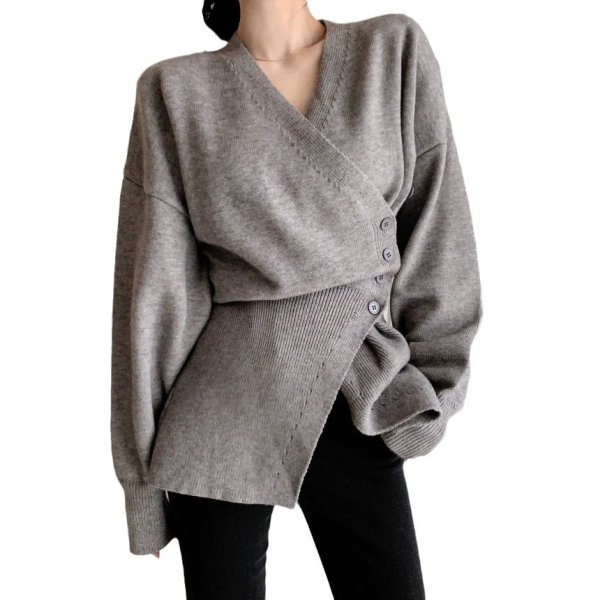 画像1: Women's V neck irregular long sleeve sweater slim bottom sweater cardigan　Vネック イレギュラー 長袖カーディガンセータージャケット (1)