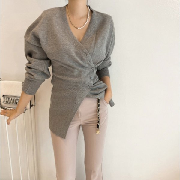 画像5: Women's V neck irregular long sleeve sweater slim bottom sweater cardigan　Vネック イレギュラー 長袖カーディガンセータージャケット (5)