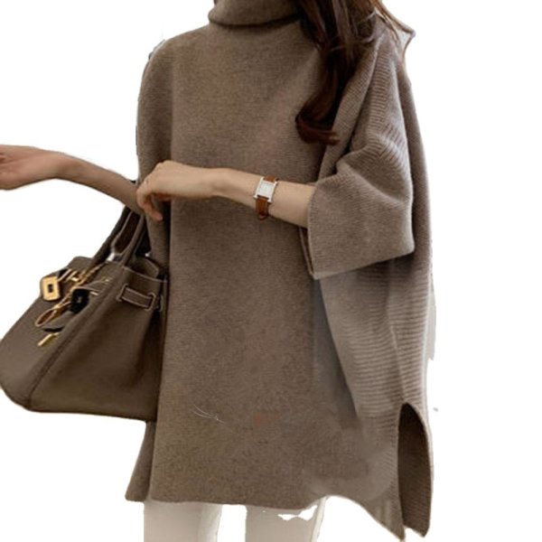 画像1: Women's High neck poncho style long knit jacket sweater 　ハイネック ポンチョロング ニットジャケットセータージャケット (1)
