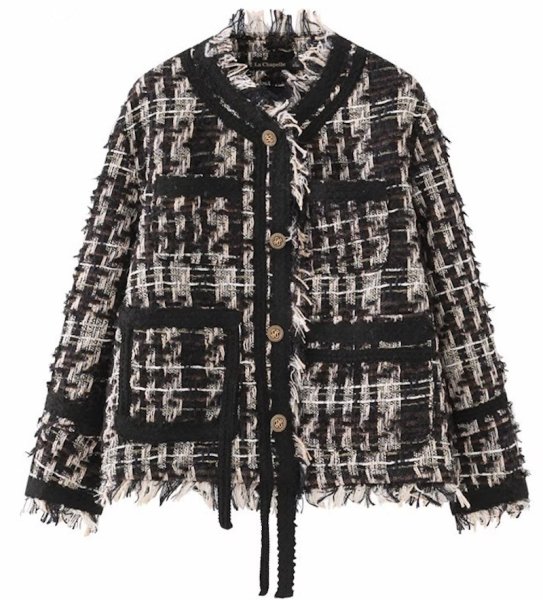 画像1: Women's Fringe Tweed Jacket Coat　フリンジツイードチェック ジャケットコート (1)