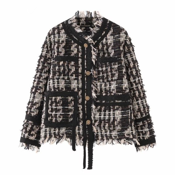 画像6: Women's Fringe Tweed Jacket Coat　フリンジツイードチェック ジャケットコート (6)