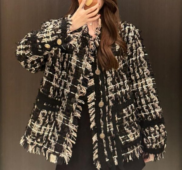 画像4: Women's Fringe Tweed Jacket Coat　フリンジツイードチェック ジャケットコート (4)