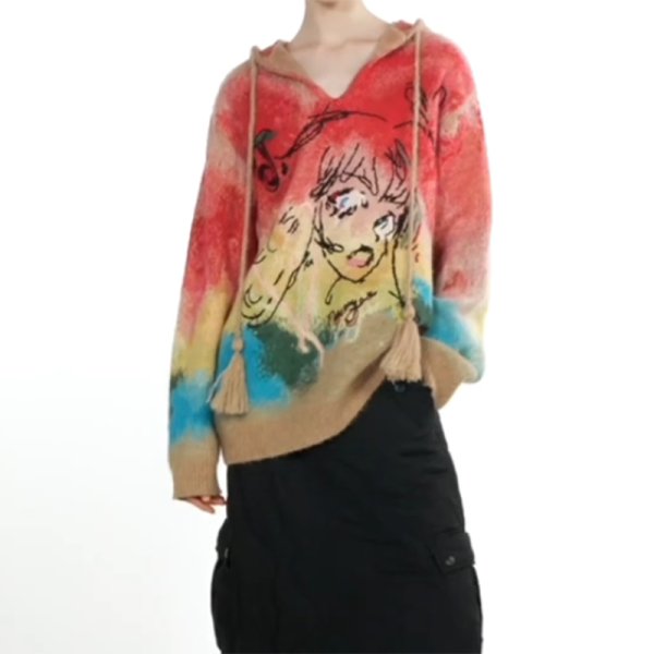 画像3: Beautiful girl knitted hood long sleeve sweater　 男女兼用ユニセックス美少女フード長袖セーターニット (3)