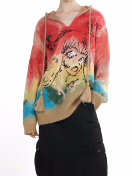 画像6: Beautiful girl knitted hood long sleeve sweater　 男女兼用ユニセックス美少女フード長袖セーターニット (6)