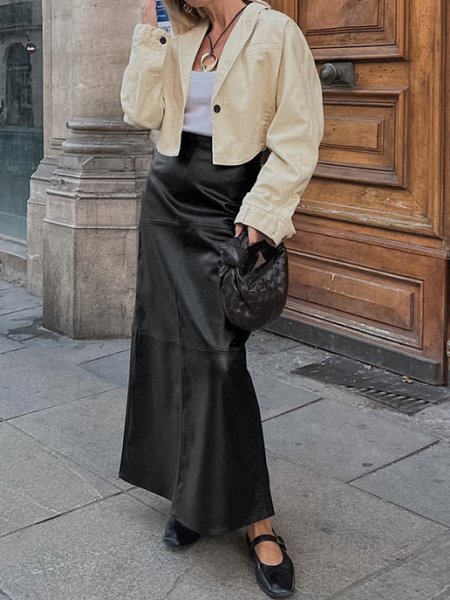 画像2: Women's High waist slit hem PU leather long skirt　ハイウエスト裾スリット PU レザーロングスカート (2)