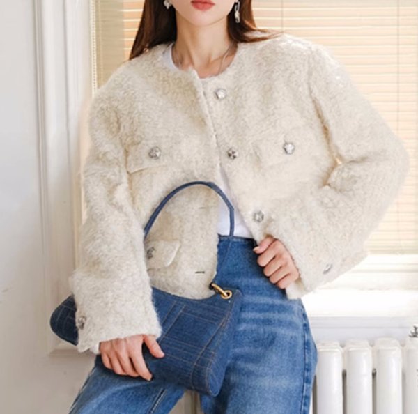 画像6: Women's Round neck single-breasted short tweed jacket Coat　ラウンドネックツイード ジャケットコート (6)