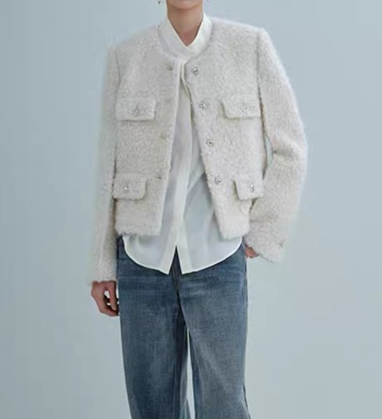 画像5: Women's Round neck single-breasted short tweed jacket Coat　ラウンドネックツイード ジャケットコート (5)