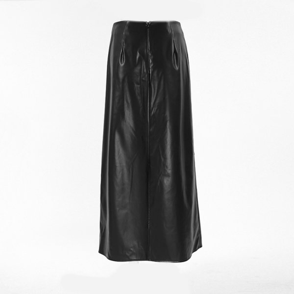 画像4: Women's High waist slit hem PU leather long skirt　ハイウエスト裾スリット PU レザーロングスカート (4)