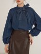 画像2: Lace-up ribbon denim shirt long sleeve blouse　レースアップリボンデニムシャツ 長袖ブラウス (2)