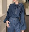 画像7: Lace-up ribbon denim shirt long sleeve blouse　レースアップリボンデニムシャツ 長袖ブラウス (7)