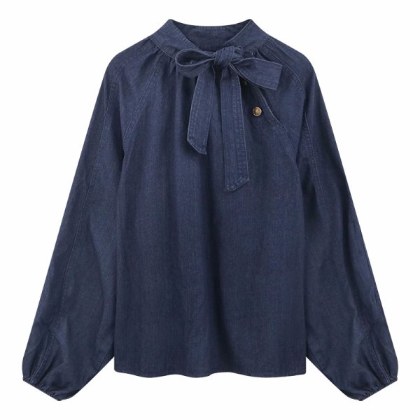 画像1: Lace-up ribbon denim shirt long sleeve blouse　レースアップリボンデニムシャツ 長袖ブラウス (1)