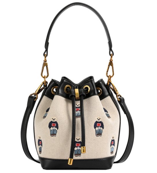 画像1: Bear Embroidery Portable Bucket Tote Shoulder Crossbody Bag　ユニセックス男女兼用ベア刺繍ポータブルバケットトートショルダークロスボディバッグ (1)