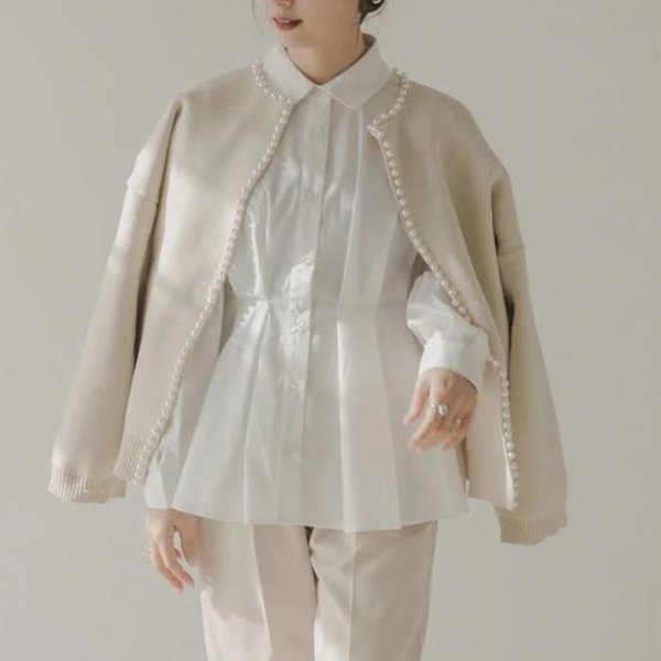 画像3: Pearl-trimmed cardigan jacket knit　パール縁取りカーディガンジャケット コート (3)