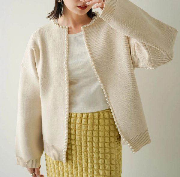 画像2: Pearl-trimmed cardigan jacket knit　パール縁取りカーディガンジャケット コート (2)